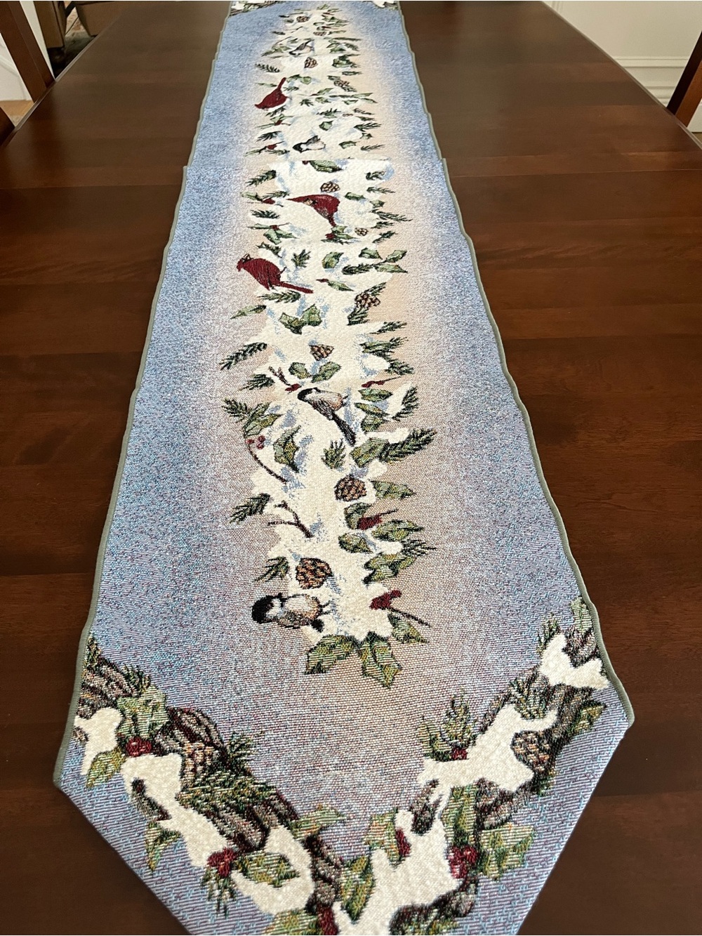 Bird & Pinecone Tapestry Table Runner Blue Background. Red cardinals,sagetassels